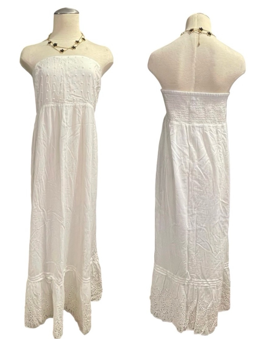 Strapless White Eyelet Broderie Anglaise Cottagecore Prairie Maxi Dress - XL
